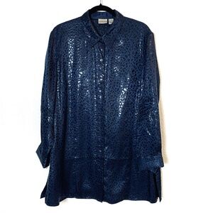 Chico's Button Up Tunic Top Size 3 = XL/16 Navy Blue Leopard Print Silk Shiny